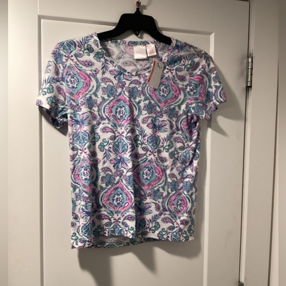 Stella Parker Collection Floral Paisley V Neck Cotton Short Sleeve Shirt Small